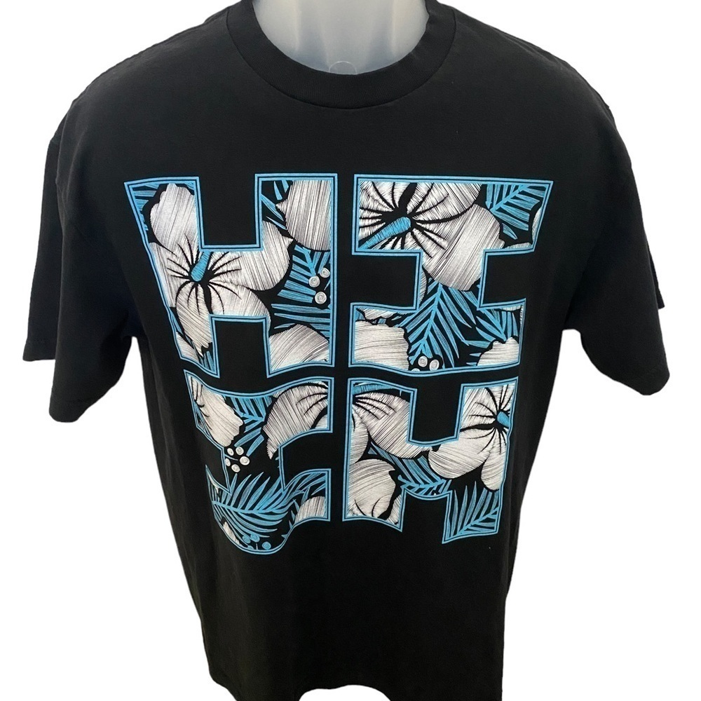 HAWAII’S FINEST Black & Blue Floral Tropical Tee Shirt Men L Large